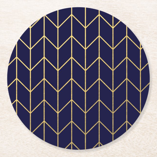 Yellow Gold Chevron Navy Blue Modern Chic Round Paper Coaster (Front)