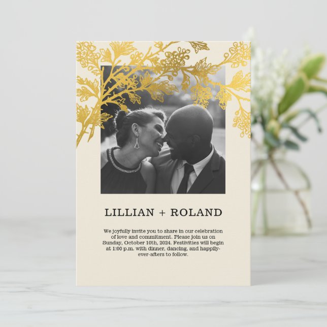 Yellow & Gold Couple Photo Rustic Collage Wedding Invitation (Standing Front)