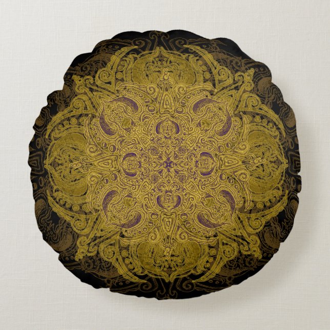Yellow Gold Filigree Mehndi Mandala on Black Round Pillow (Front)