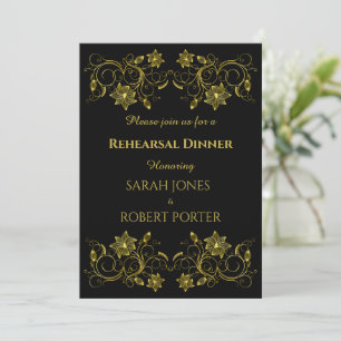 Yellow Gold Filigree on Black Rehearsal Dinner Invitation