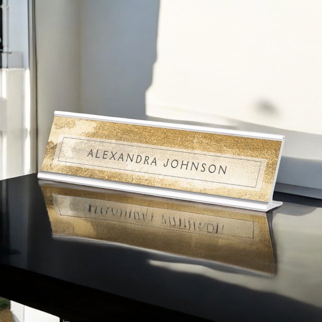 Yellow Gold Foil Luxury Brush Strokes Desk Name Plate (Creator Uploaded)