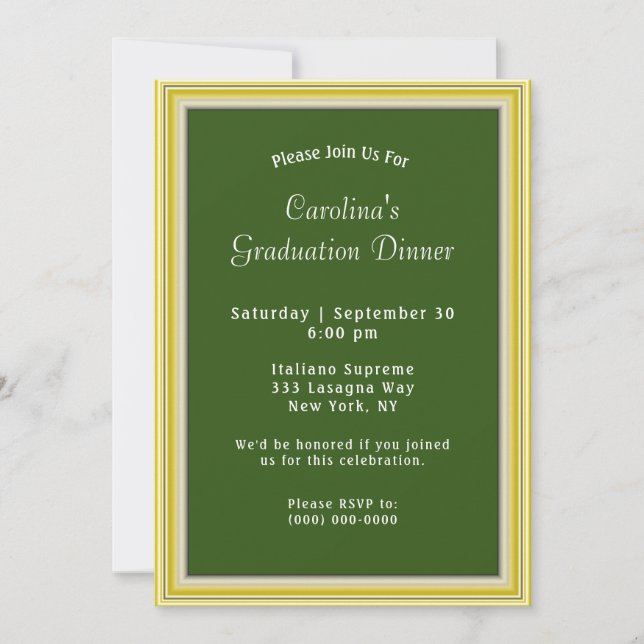Yellow Gold Frame Green Dinner Graduation Invitation (Front)
