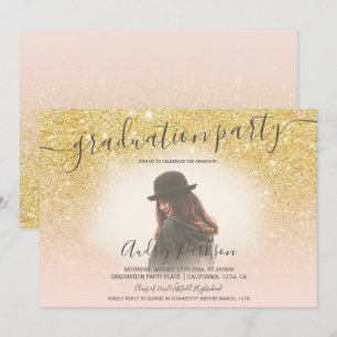 Yellow gold glitter blush pink photo graduation invitation