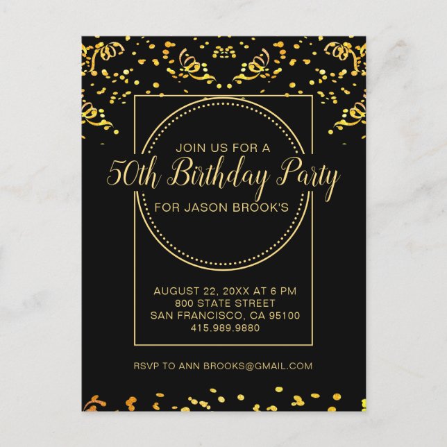 Yellow Gold Glitter Confetti On Black Birthday Invitation Postcard (Front)