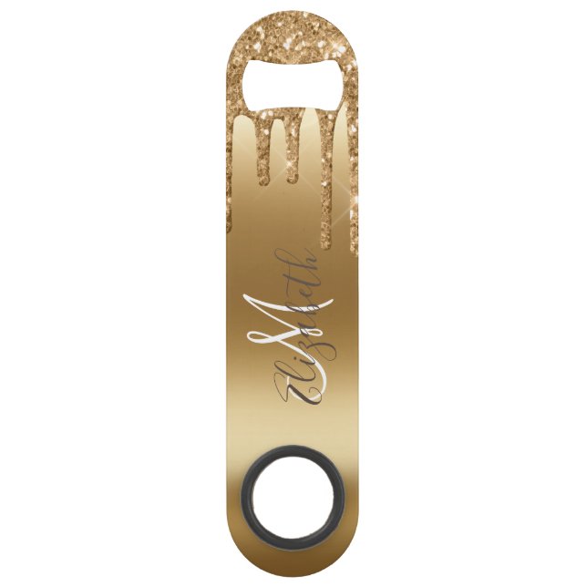 Yellow Gold Glitter Look Drips Monogram Stylish  Bar Key (Front)
