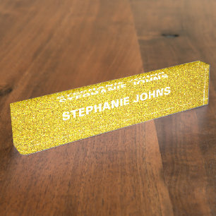 Yellow Gold Glitter Sparkle Monogram Name Classy Nameplate