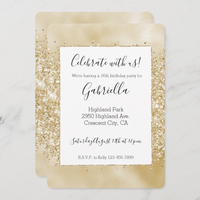 Yellow Gold Glitzy Glitter Invitation (Front/Back)