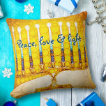 Yellow Gold Hanukkah Menorah Peace Love and Light  Throw Pillow<br><div class="desc">“Peace, love & light.” A close-up photo of a bright, colourful, yellow and gold artsy menorah helps you usher in the holiday of Hanukkah in style. Feel the warmth and joy of the holiday season whenever you relax on this stunning, colourful Hanukkah throw pillow. Makes a striking set of four...</div>
