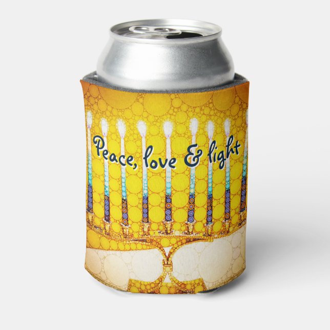 Yellow Gold Hanukkah Menorah Peace Love Light Bold Can Cooler (Can Back)