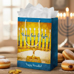 Yellow Gold Hanukkah Menorah Peace Love Light Bold Medium Gift Bag<br><div class="desc">“Peace, love & light.” A close-up photo illustration of a bright, colourful, yellow and gold artsy menorah helps you usher in the holiday of Hanukkah in style. Feel the warmth and joy of the holiday season whenever you use this cute and fun personalized medium size gift bag. Matching cards, postage,...</div>