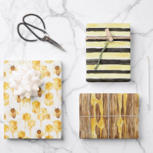 Yellow Gold Honey Bees Birthday Wrapping Paper Sheet