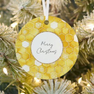 Yellow Gold Honeycombs Christmas Metal Ornament