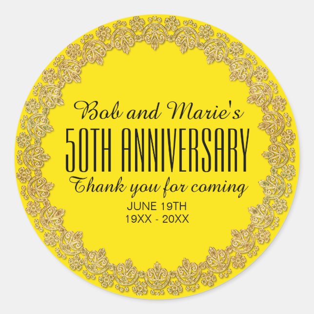 Yellow, Gold Personalized 50th Wedding Anniversary Classic Round Sticker (Front)