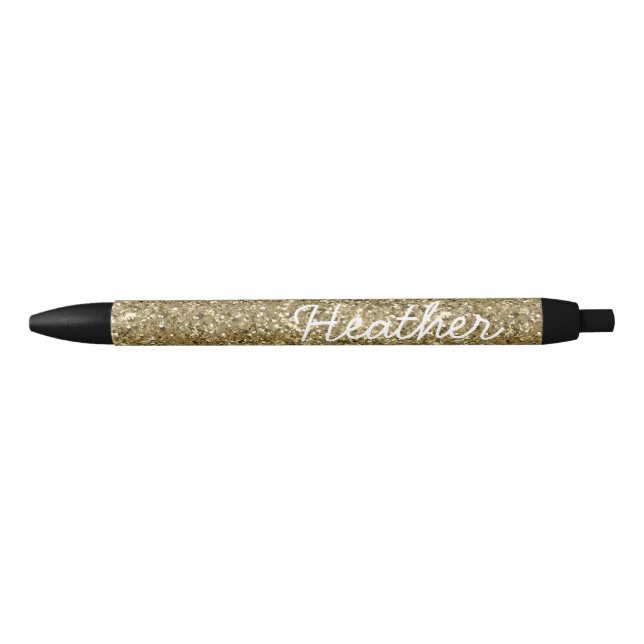 Yellow Gold Personalized Name  Glitter  Black Ink Pen (Front)