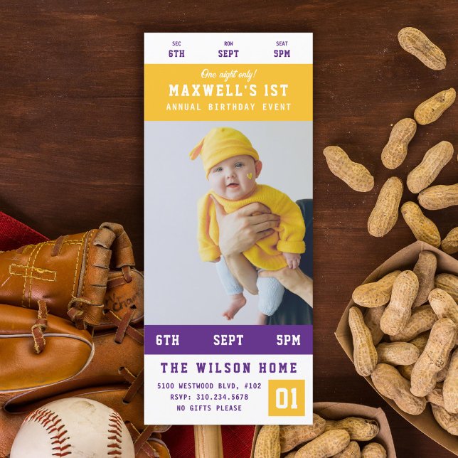 Yellow Gold Purple Sporting Event Ticket Birthday Invitation (Creator Uploaded)