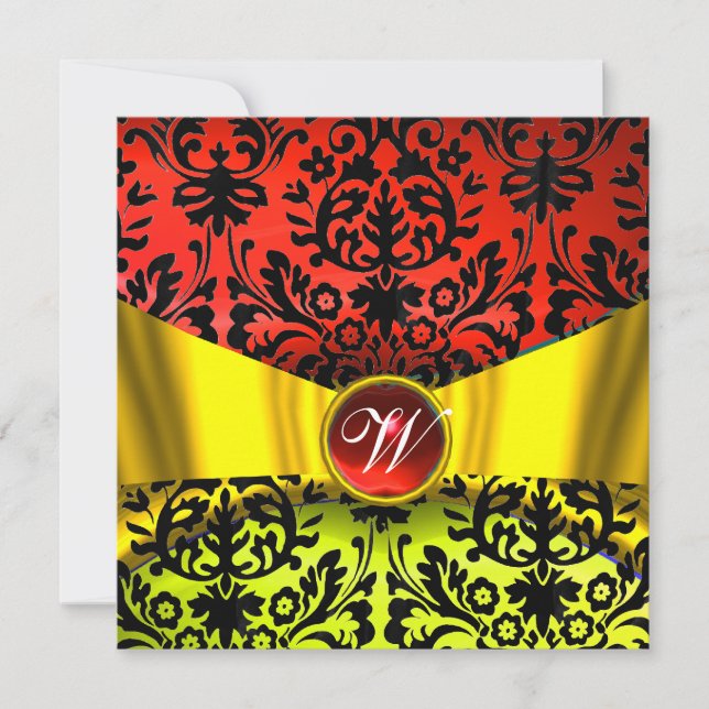 YELLOW GOLD RIBBON RED BLACK DAMASK MONOGRAM INVITATION (Front)