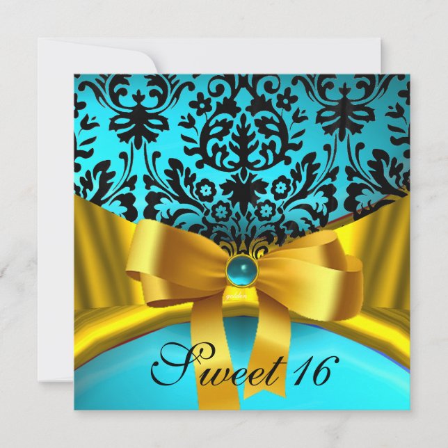 YELLOW GOLD RIBBON TEAL AQUA BLUE BLACK DAMASK INVITATION (Front)