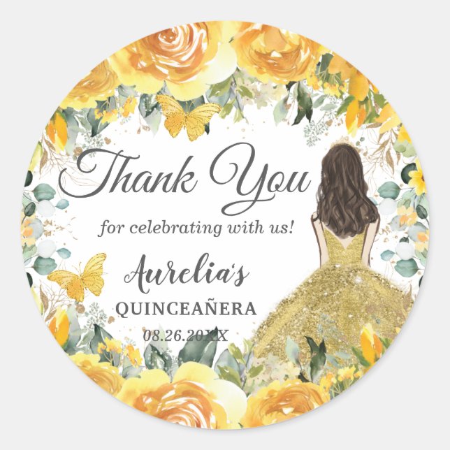 Yellow Gold Rose Floral Butterflies Princess Favou Classic Round Sticker (Front)