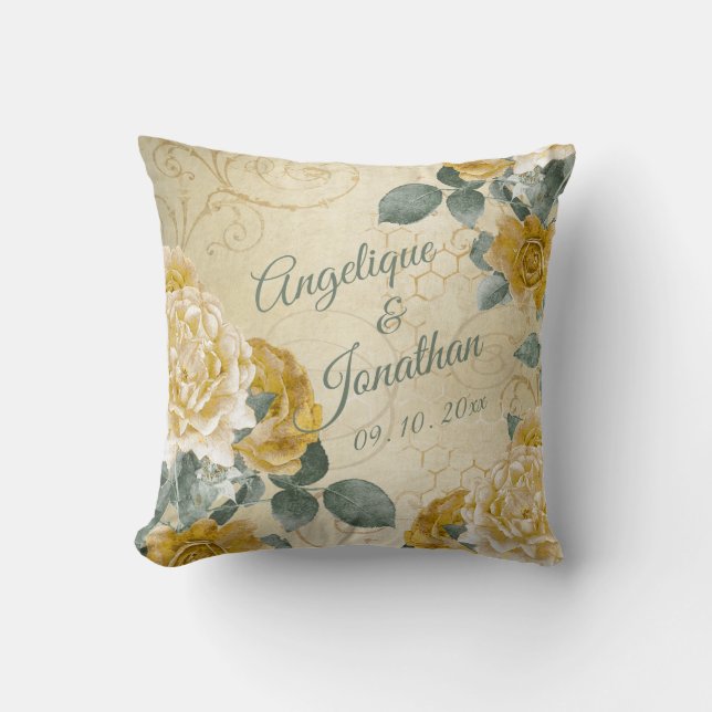 Yellow Gold Roses Floral Monogrammed Names Wedding Throw Pillow (Front)