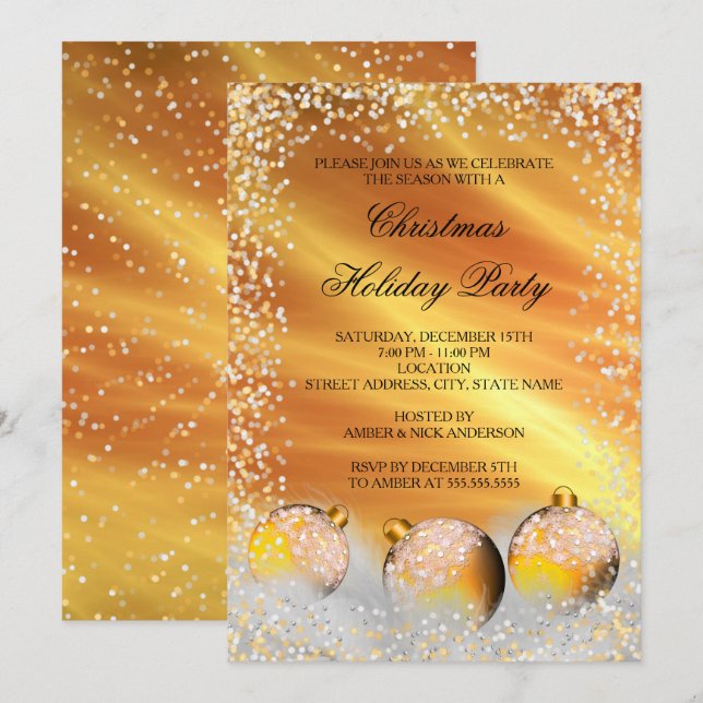 Yellow Gold Snow Bauble Christmas Holiday Party Invitation (Front/Back)