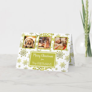 Yellow Gold Snowflake 3 Photo Collage Personalized Holiday Card