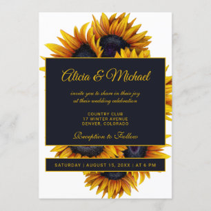 Yellow Gold Sunflowers Modern Summer Wedding Invitation