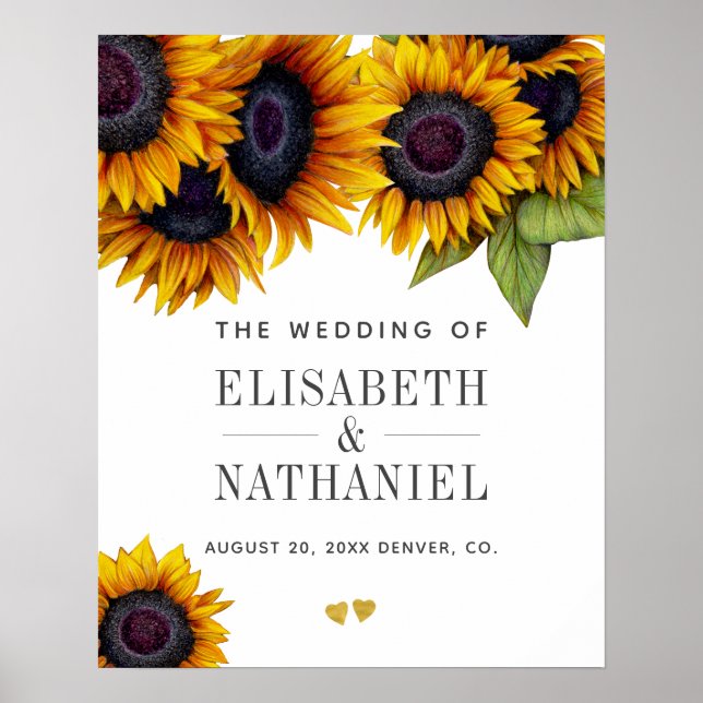 Yellow gold sunflowers rustic wedding welcome sign (Front)