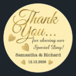 Yellow Gold Thank You Wedding Favour Classic Round Sticker<br><div class="desc">Elegant and stylish wedding stickers with gold thank you typography and golden hearts.Personalize with bride and groom names and wedding date.</div>