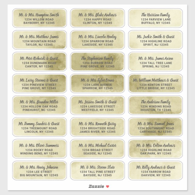 Yellow Gold Watercolor Script Guest Address Labels (Sheet)