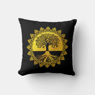 Yellow Golden Celtic Tree of Life on Black Throw Pillow