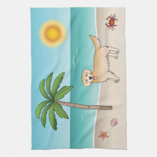 Yellow Golden Retriever At A Tropical Summer Beach Kitchen Towel