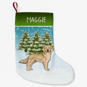 Yellow Golden Retriever Blue Christmas Custom Name Small Christmas Stocking