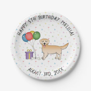 Yellow Golden Retriever Cartoon Dog - Birthday Paper Plate