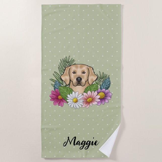 Yellow Golden Retriever Colourful Flowers And Name Beach Towel (Front)