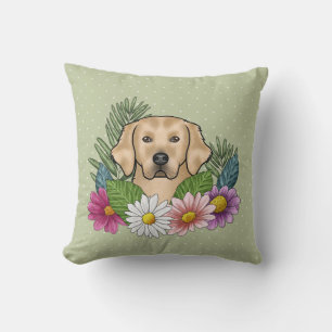 Yellow Golden Retriever Colourful Flowers Green Throw Pillow
