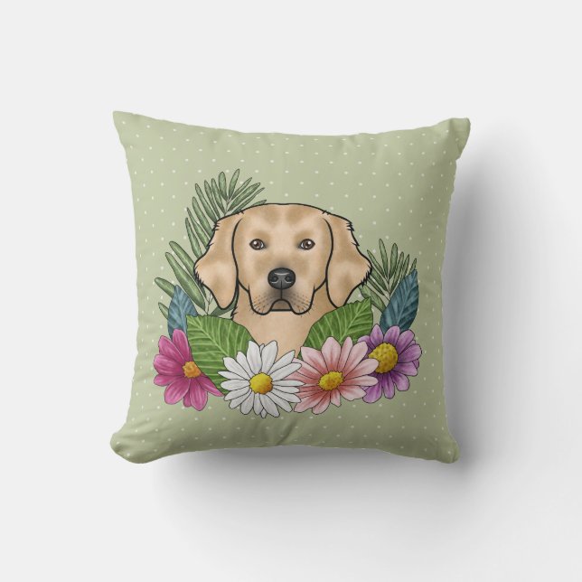 Yellow Golden Retriever Colourful Flowers Green Throw Pillow (Front)