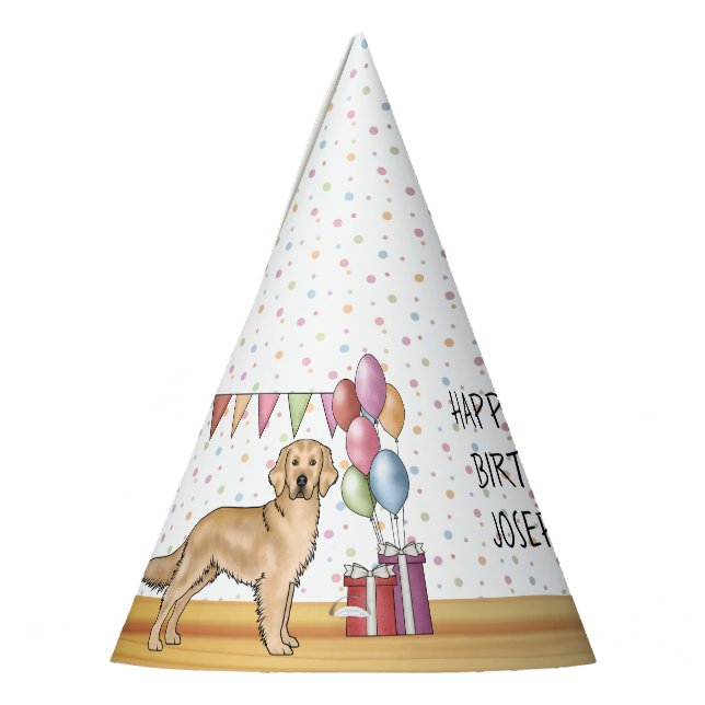 Yellow Golden Retriever Colourful Happy Birthday Party Hat (Left)
