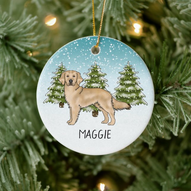 Yellow Golden Retriever Dog Custom Name Christmas Ceramic Ornament (Tree)