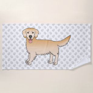 Yellow Golden Retriever With A Grey Paw Pattern Beach Towel