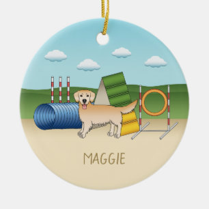Yellow Golden Retriever With Agility Equipment Ceramic Ornament
