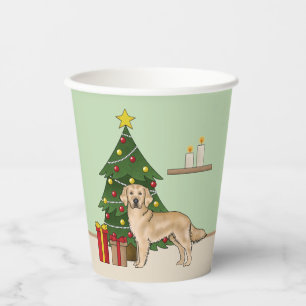 Yellow Golden Retriever With Christmas Tree Green Paper Cups