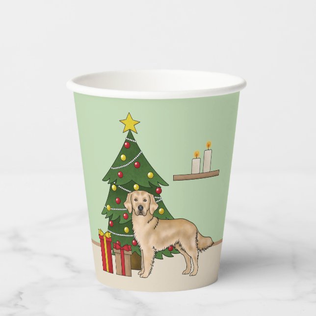 Yellow Golden Retriever With Christmas Tree Green Paper Cups (Front)