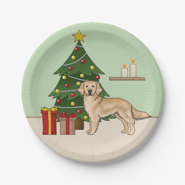 Yellow Golden Retriever With Christmas Tree Green Paper Plate (Front)