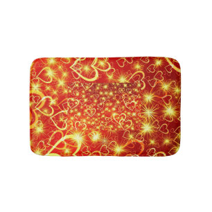Yellow Golden Sparkling Hearts on red background  Bath Mat