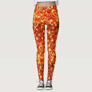 Yellow Golden Sparkling Hearts on Red Background Leggings