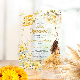 Yellow Golden Tiara Floral Butterfly Quinceañera  Acrylic Invitations