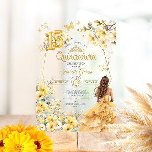 Yellow Golden Tiara Floral Butterfly Quinceañera Acrylic Invitations