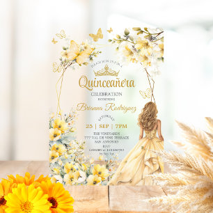 Yellow Golden Tiara Floral Butterfly Quinceañera  Acrylic Invitations
