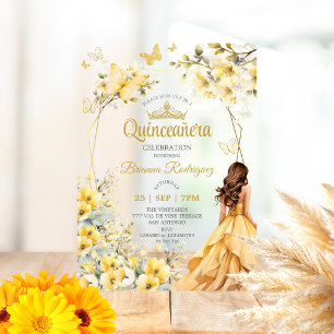 Yellow Golden Tiara Floral Butterfly Quinceañera  Acrylic Invitations