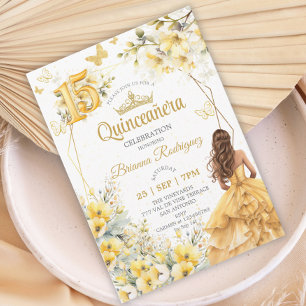 Yellow Golden Tiara Floral Butterfly Quinceañera  Invitation